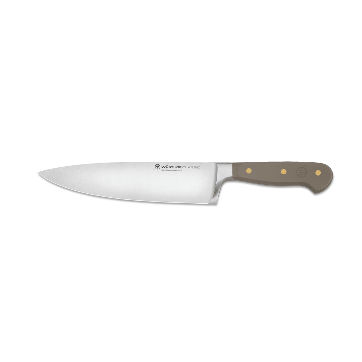 Side view of 8-inch Wüsthof Classic chef knife with stainless blade and Velvet Oyster triple-riveted handle on white background