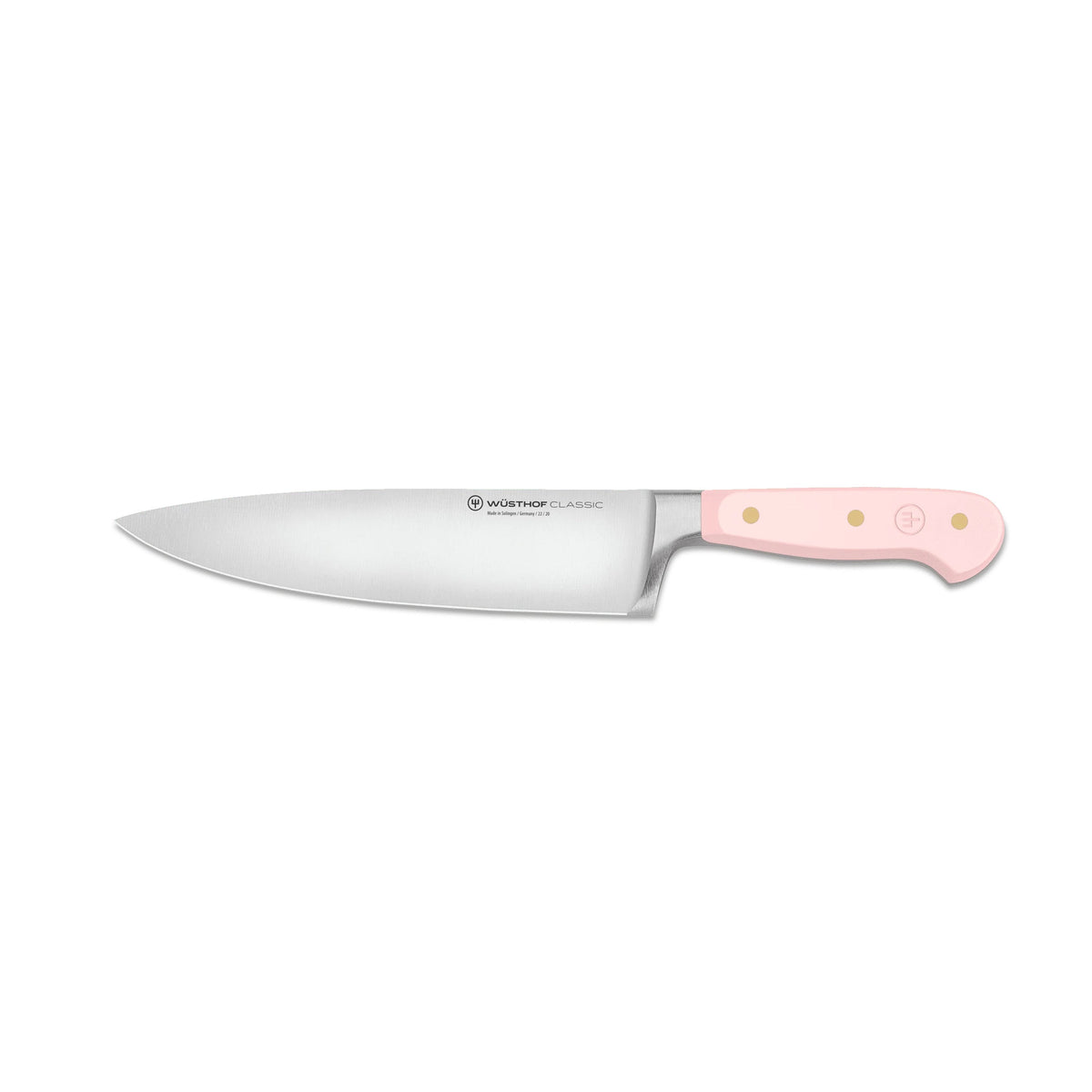Side view of 8 inch chef knife in Pink Himalayan Salt finish showcasing pink triple riveted handle on white background