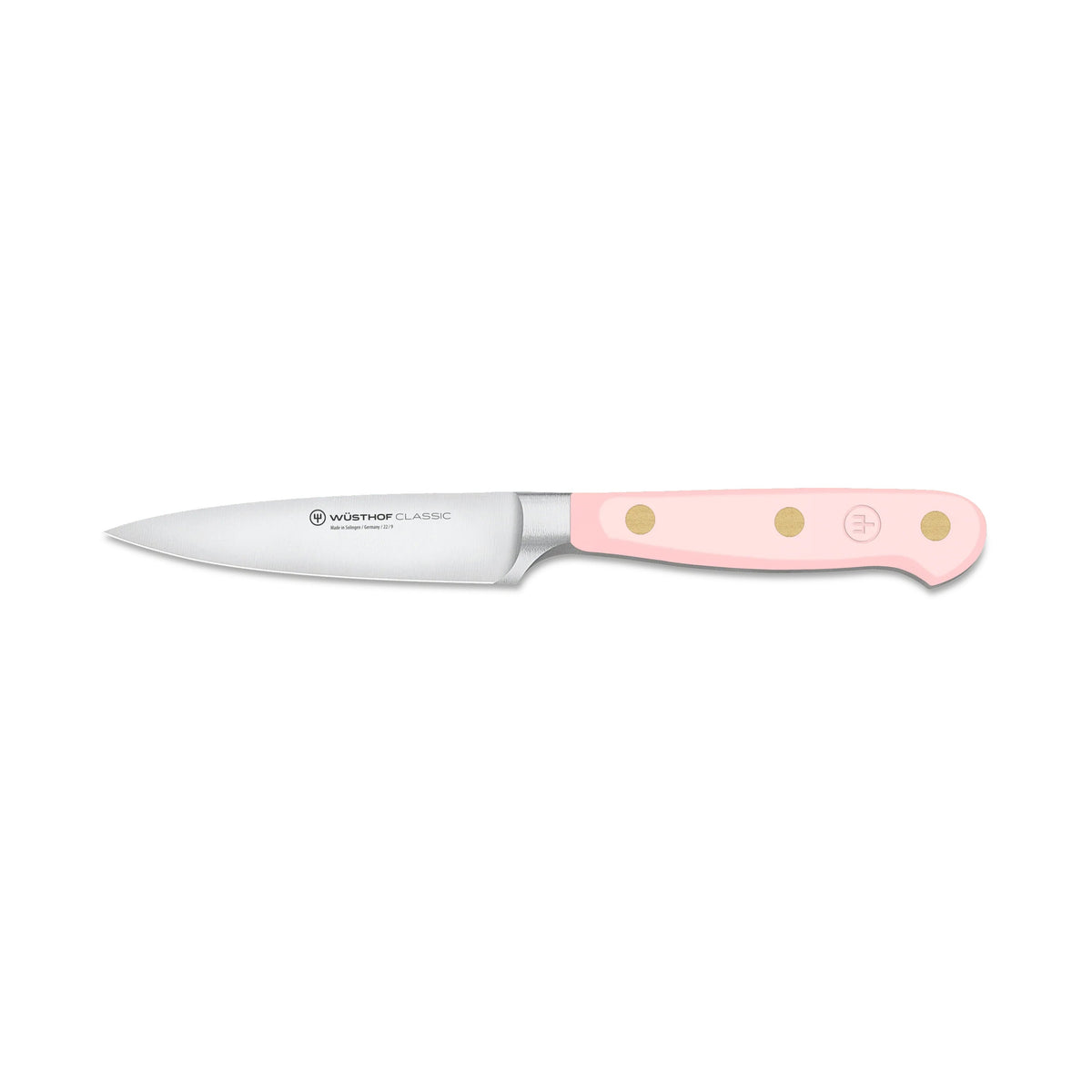Side view of the Wüsthof Classic 8 inch chef knife showcasing its Pink Himalayan Salt handle on a white background