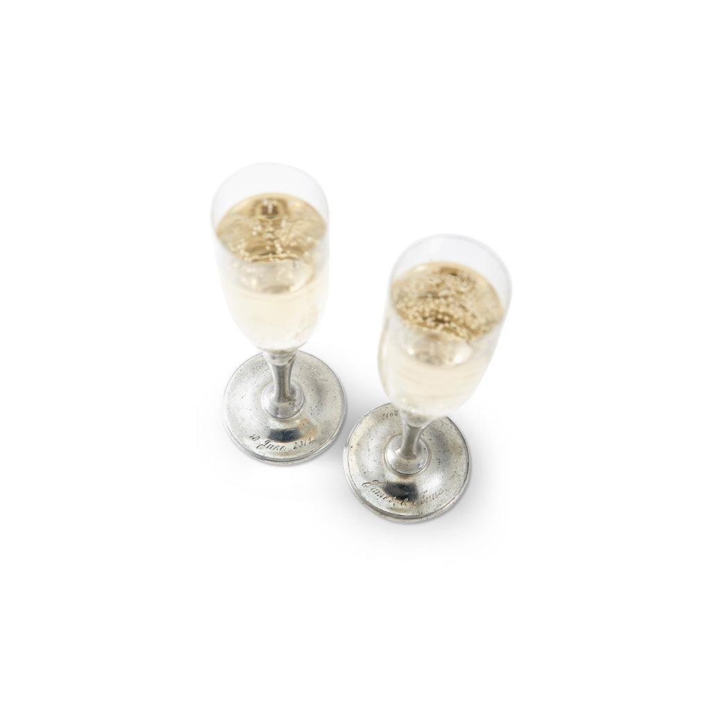 Angled view of Classic Champagne Glass, Crystal showcasing European crystal bowls with Italian pewter stems and bases on white background