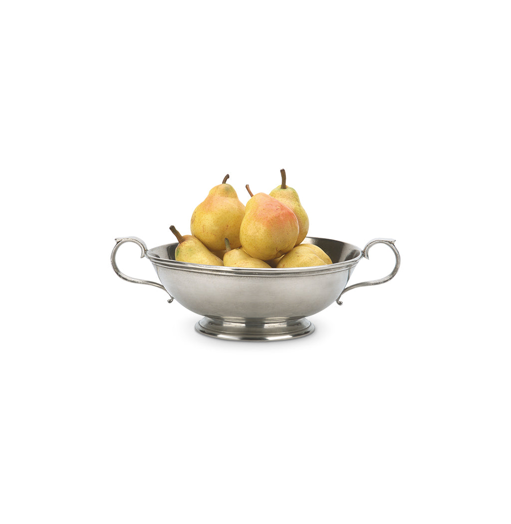 Front view of Low Footed Bowl with Handles showcasing scrolled handles and footed base with pears on a white background