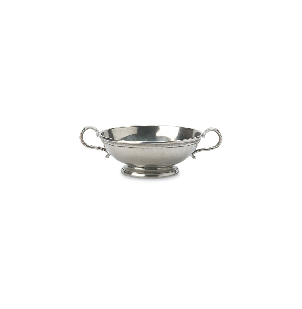 Front view of Low Footed Bowl with Handles, Small showcasing scrolled handles and a raised foot on a white background