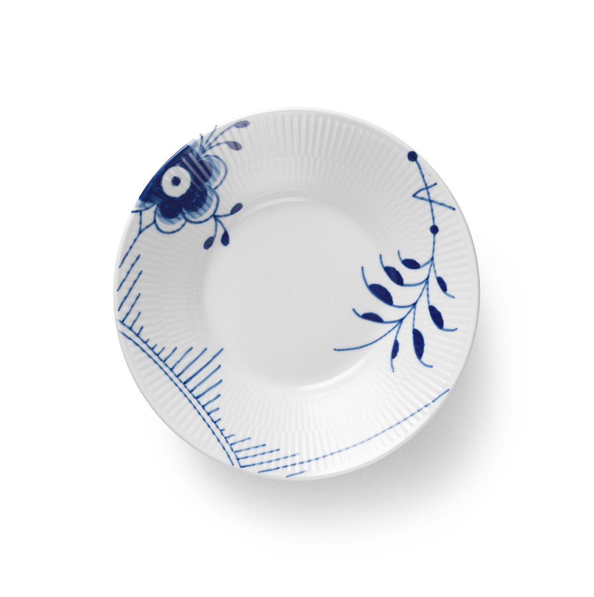 Top view of Blue Fluted Mega Plate Deep showcasing blue floral detailing and fluted porcelain rim on a white background