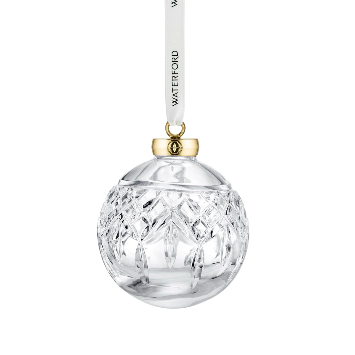 Front view of Lismore Bauble Ornament showcasing diamond and wedge cuts, gold cap, and white Waterford ribbon