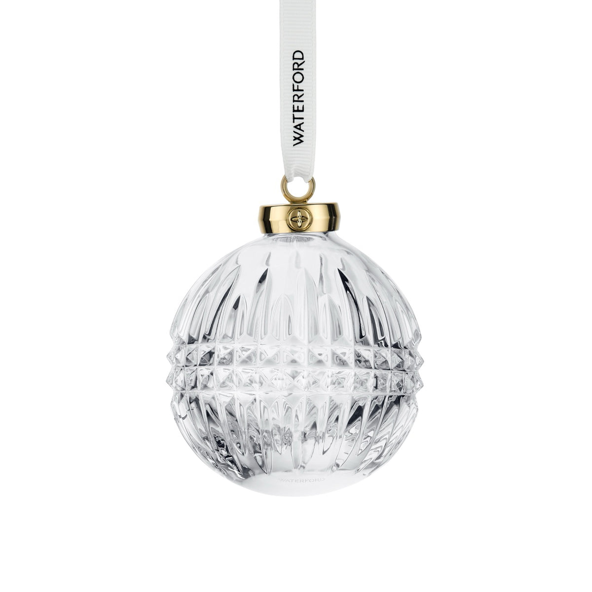 Front view of Lismore Diamond Bauble Ornament showcasing intricate diamond cuts and white hanging ribbon with a white background