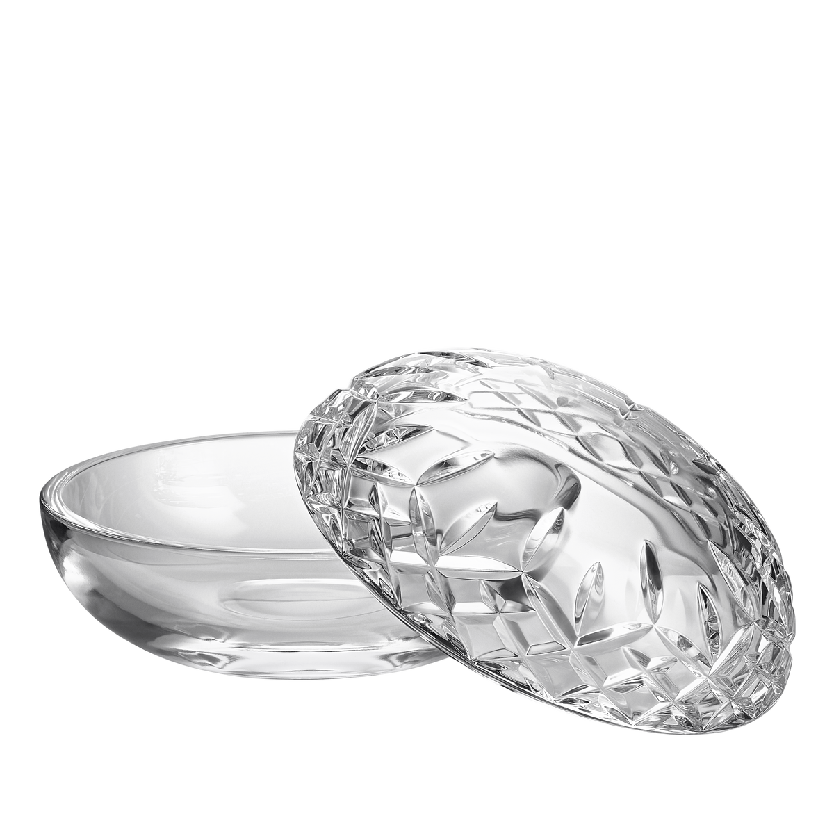 Three-quarter view of Lismore Essence covered crystal box showing cut Lismore pattern on domed lid and smooth bowl on white background