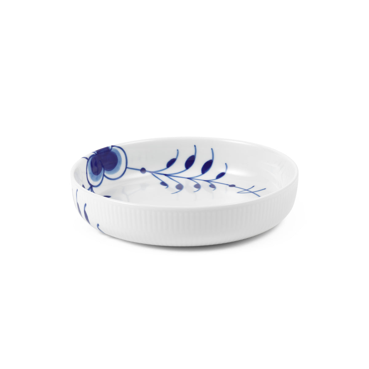 Angled view of Blue Mega Ovenware Round showcasing blue floral pattern on white porcelain with a white background