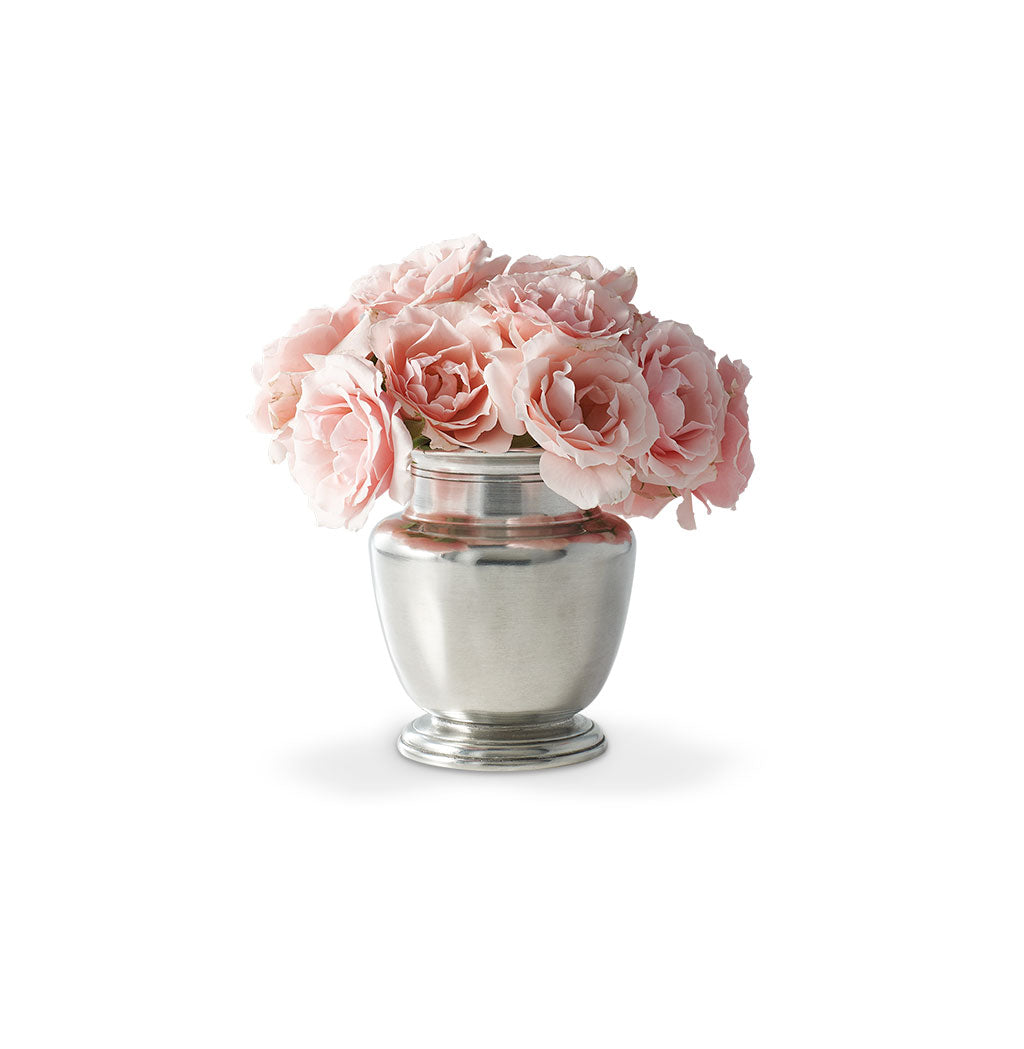 Front view of Petite Rimmed Vase showcasing pewter finish and rim detail with pink flowers on a white background