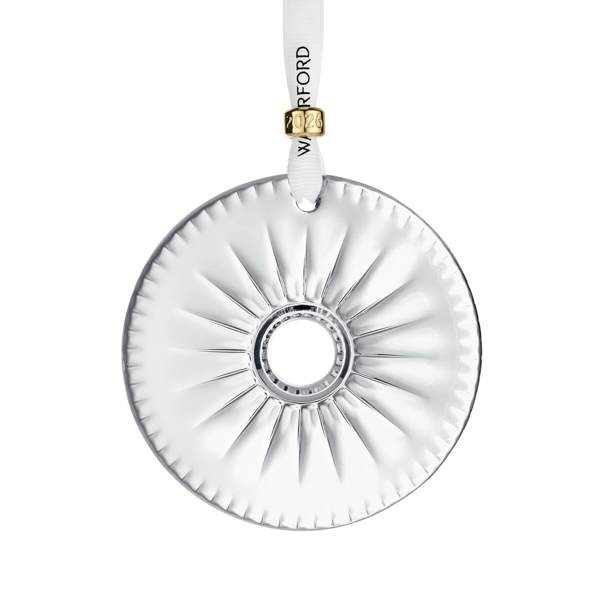 Front view of New Year Disc Firework showcasing bold radial cuts, Waterford ribbon and dated gold cuff on white background