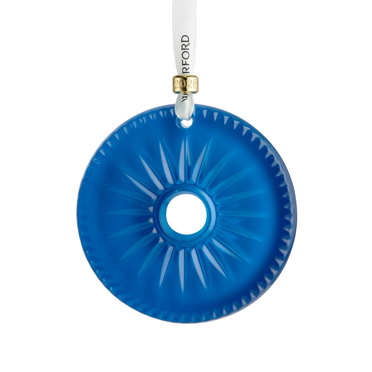 Front view of New Year Disc Firework in Blue showcasing bold radial crystal cuts, white ribbon, and dated gold cuff on white background
