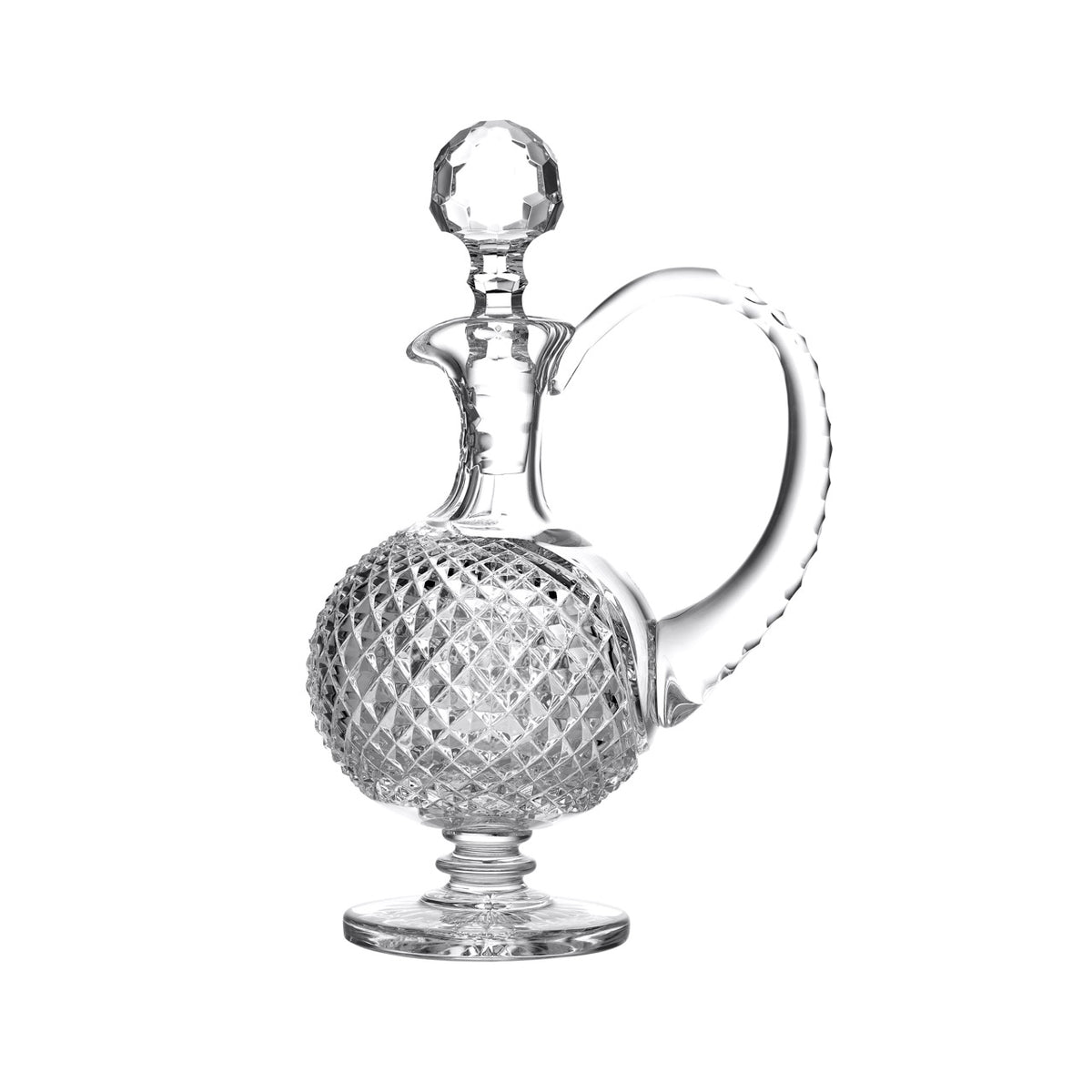White-background view of Mastercraft Heritage Claret Decanter showing faceted stopper, diamond-cut bowl and swooping handle