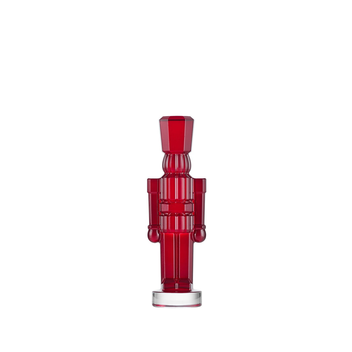Front view of Standing Nutcracker Red Ornament showcasing vibrant scarlet crystal with graphic cuts on a white background