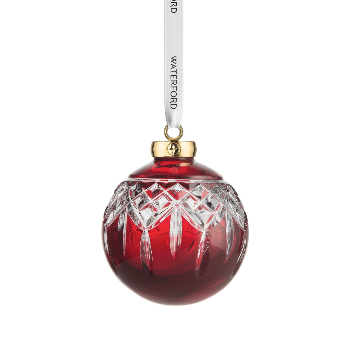 Front view of Lismore Bauble Ornament Red showcasing diamond and wedge cuts with a white Waterford ribbon on a white background