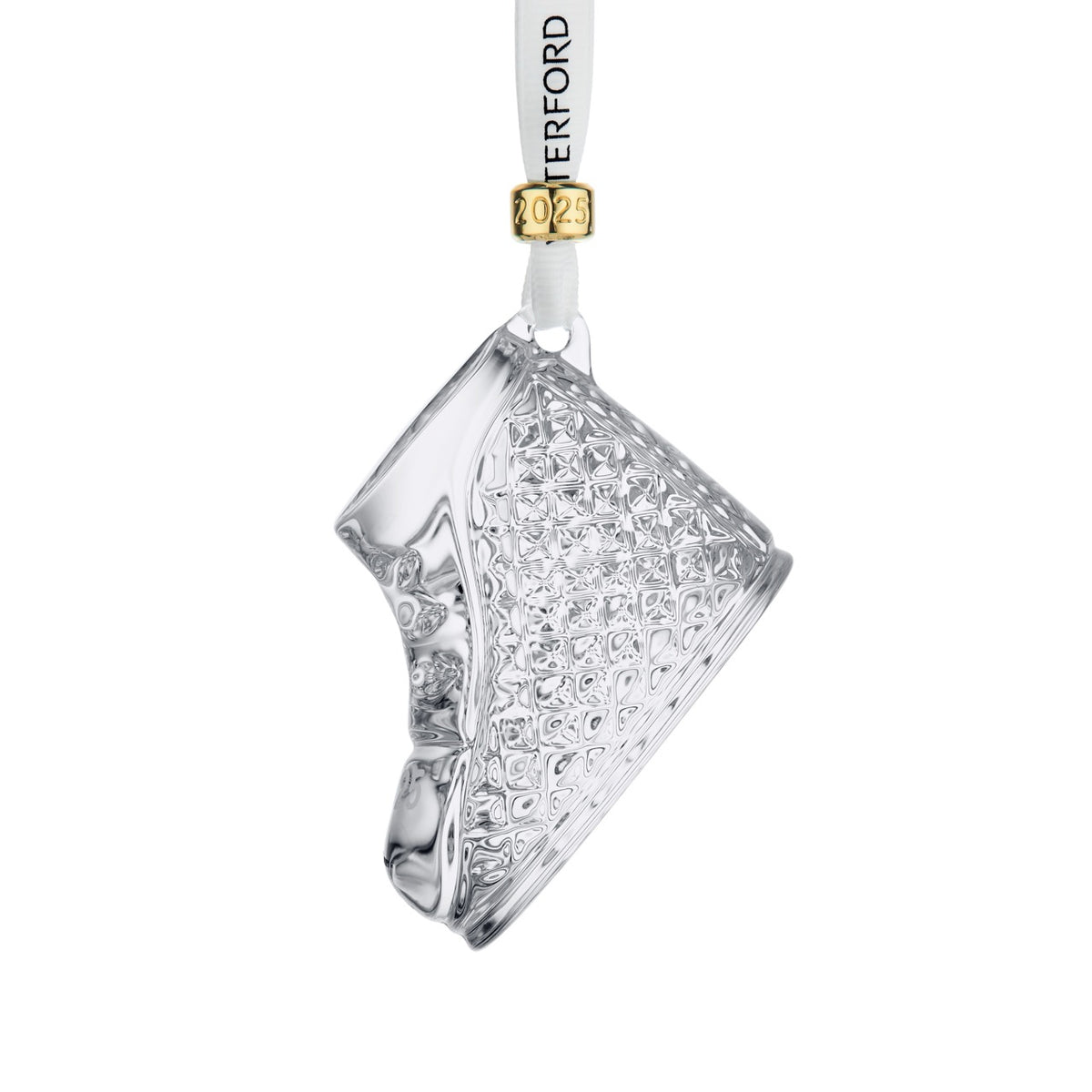 Angled view of Baby’s First Boot Ornament showcasing crystal diamond cuts and 2025 marker with white background