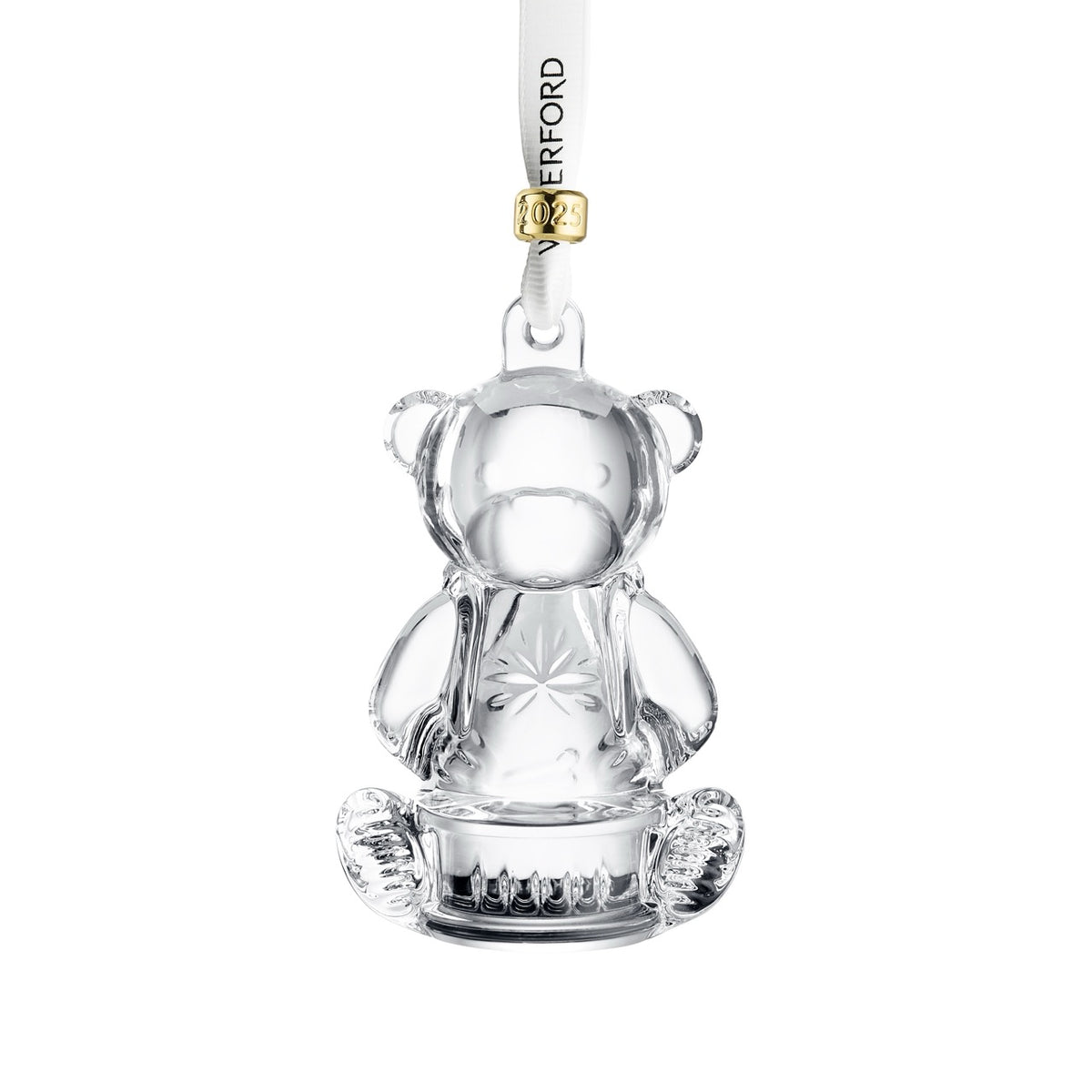 Front view of My First Bear Ornament showcasing its clear crystal bear design and dated gold cuff on a white background