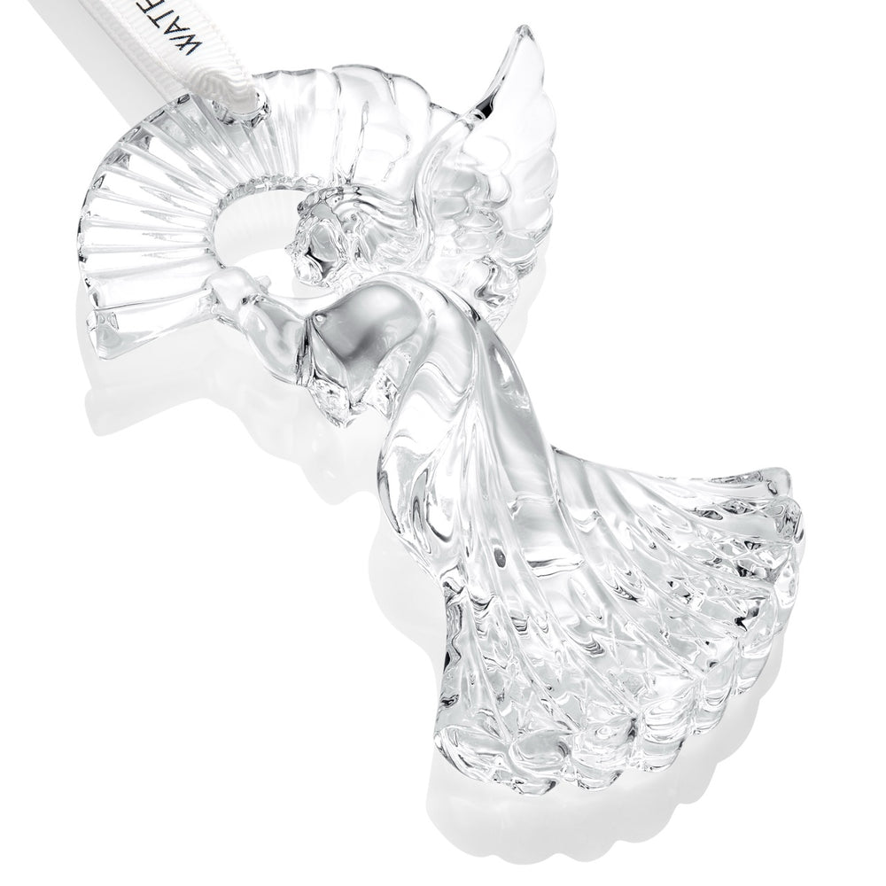 Angled view of Annual Angel Ornament 2025 showing clear Waterford crystal with signature cuts and ribbon on white background