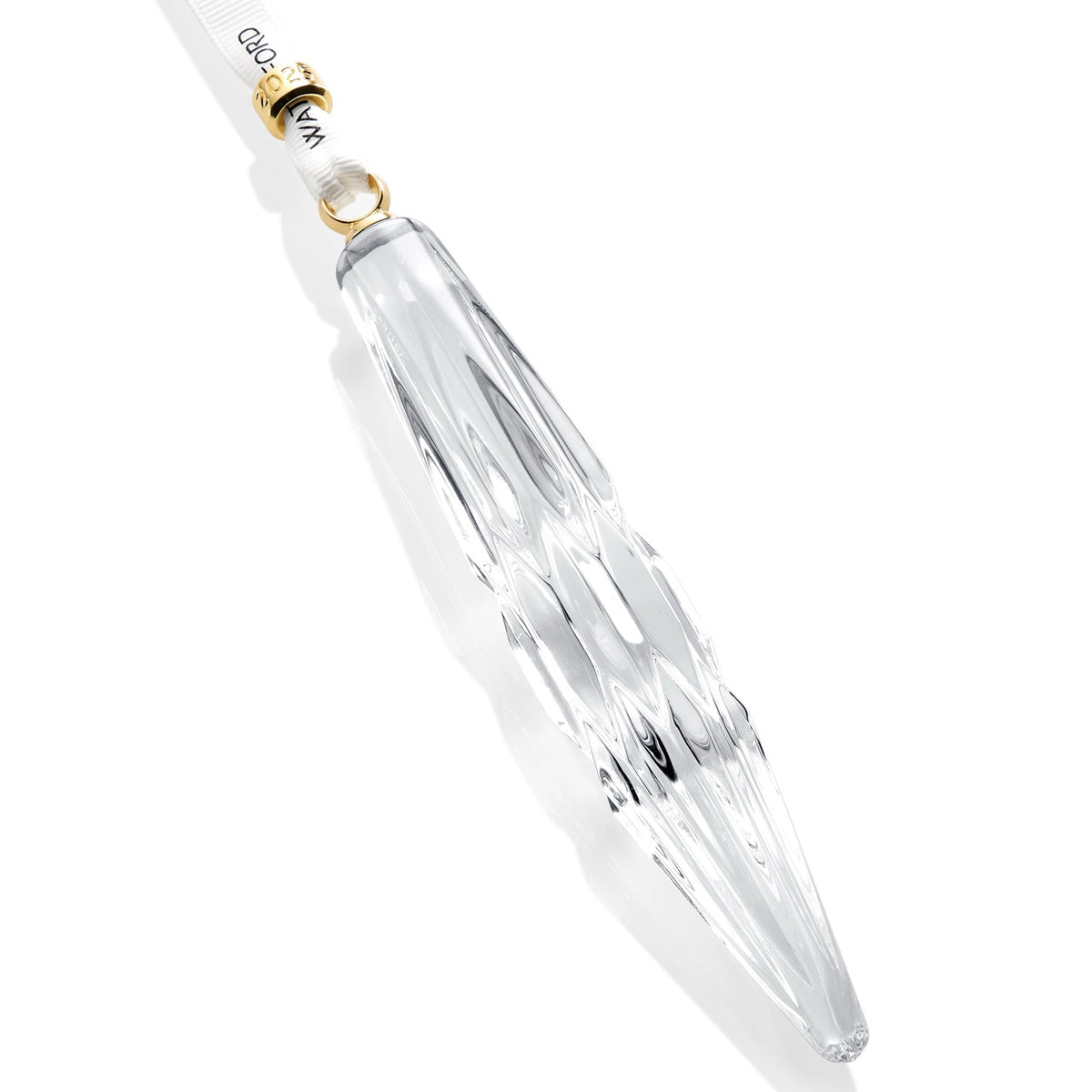 Angled close-up of Annual Icicle Ornament 2025 showing vertical crystal cuts and dated gold cuff on white background