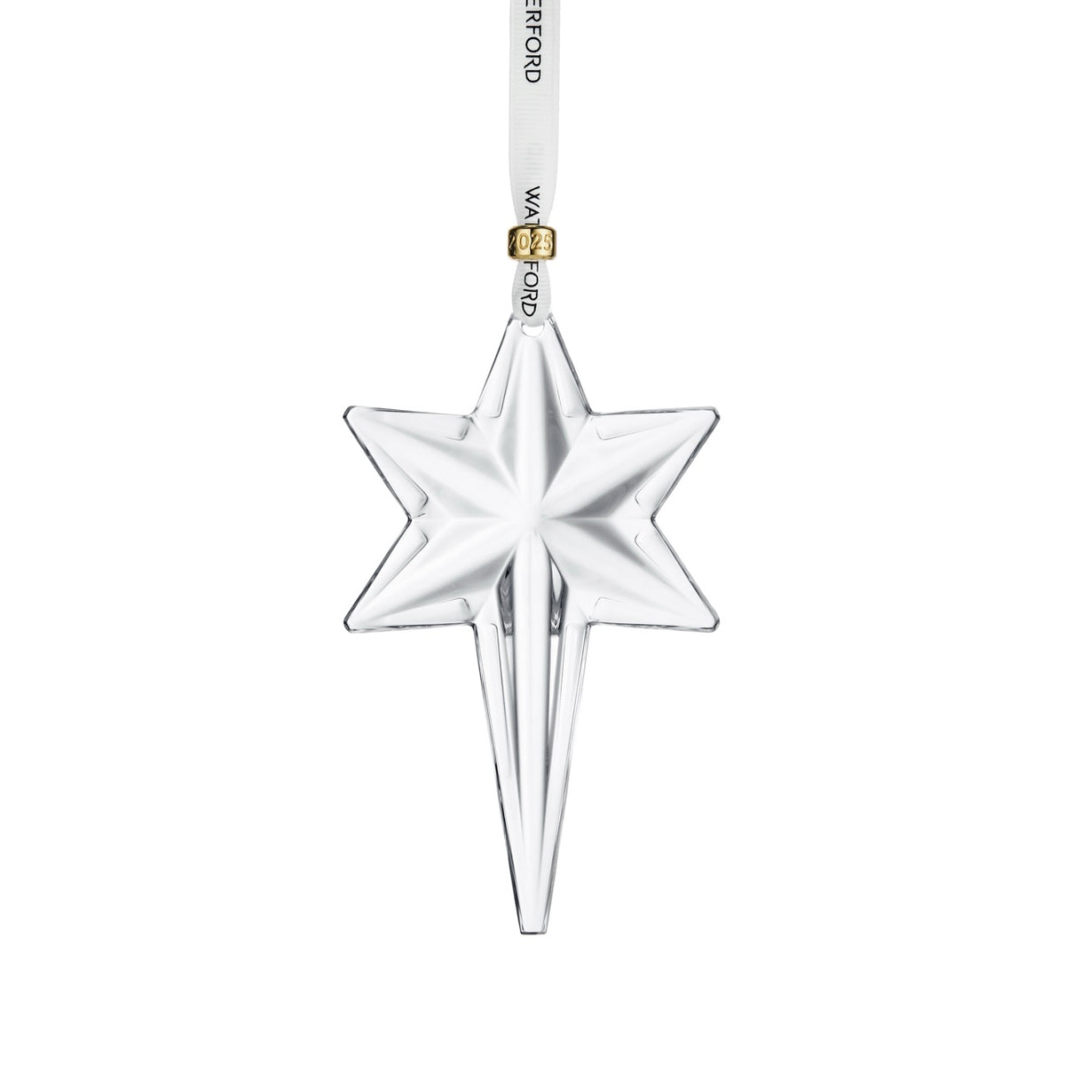 Front view of Annual Snowstar Ornament showcasing radiant starburst cuts and Waterford ribbon with dated gold cuff against a white background