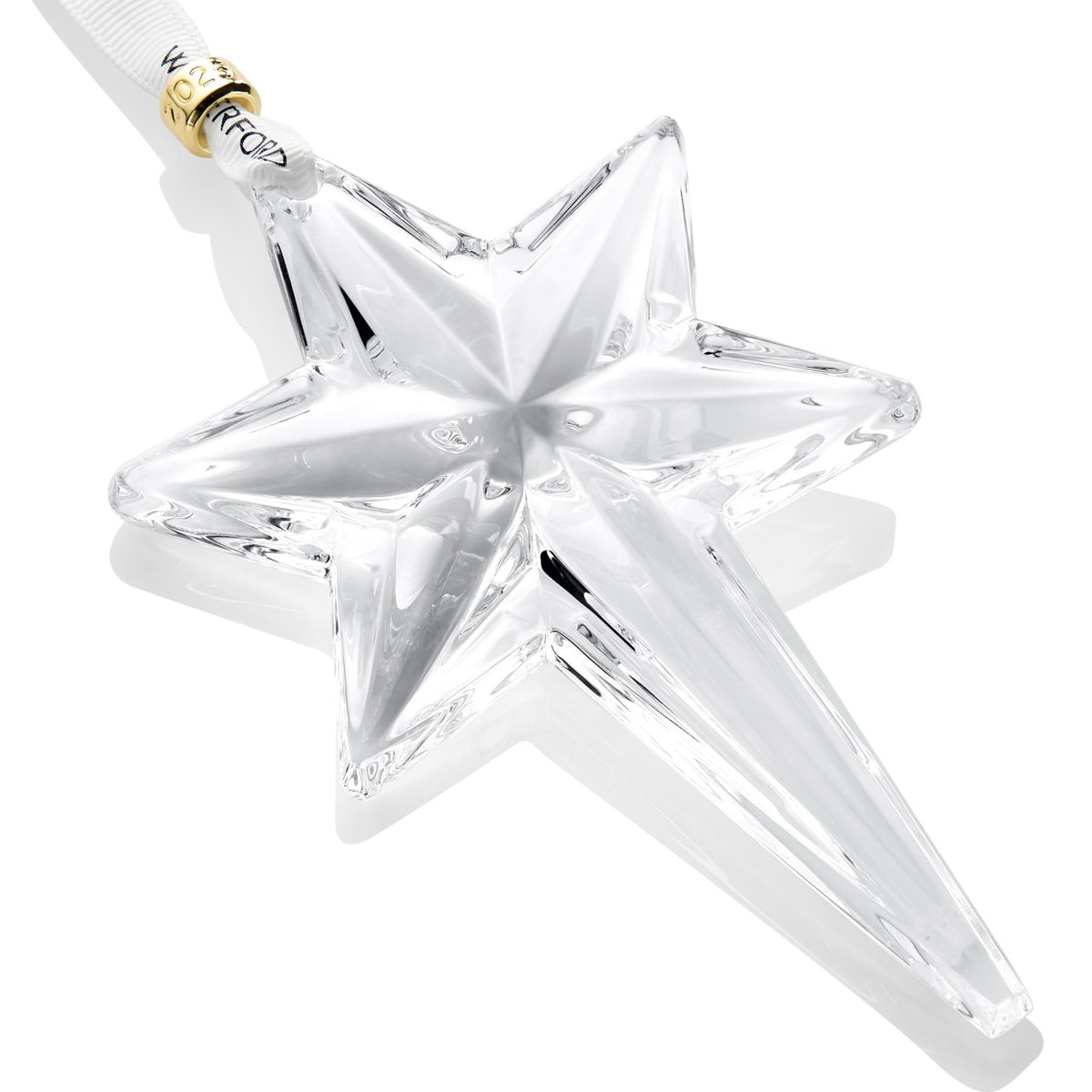 Close view of Annual Snowstar Ornament showcasing crystal starburst cuts, Waterford ribbon and dated gold cuff