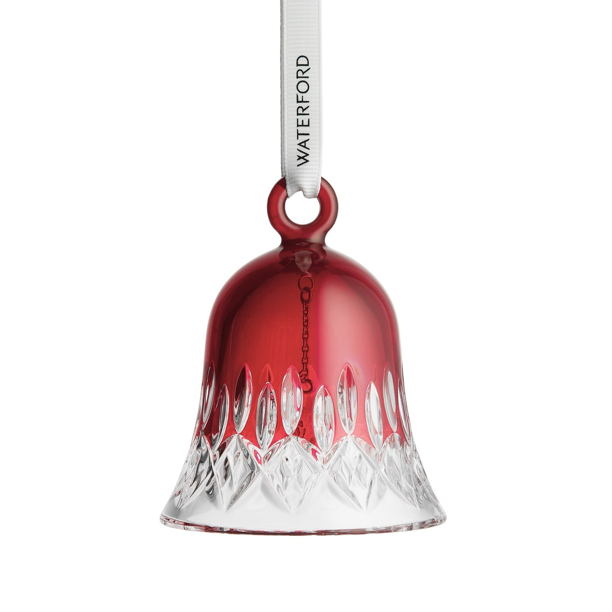 Front view of Lismore Bell Ornament in vibrant scarlet red showcasing diamond and wedge cuts with white background