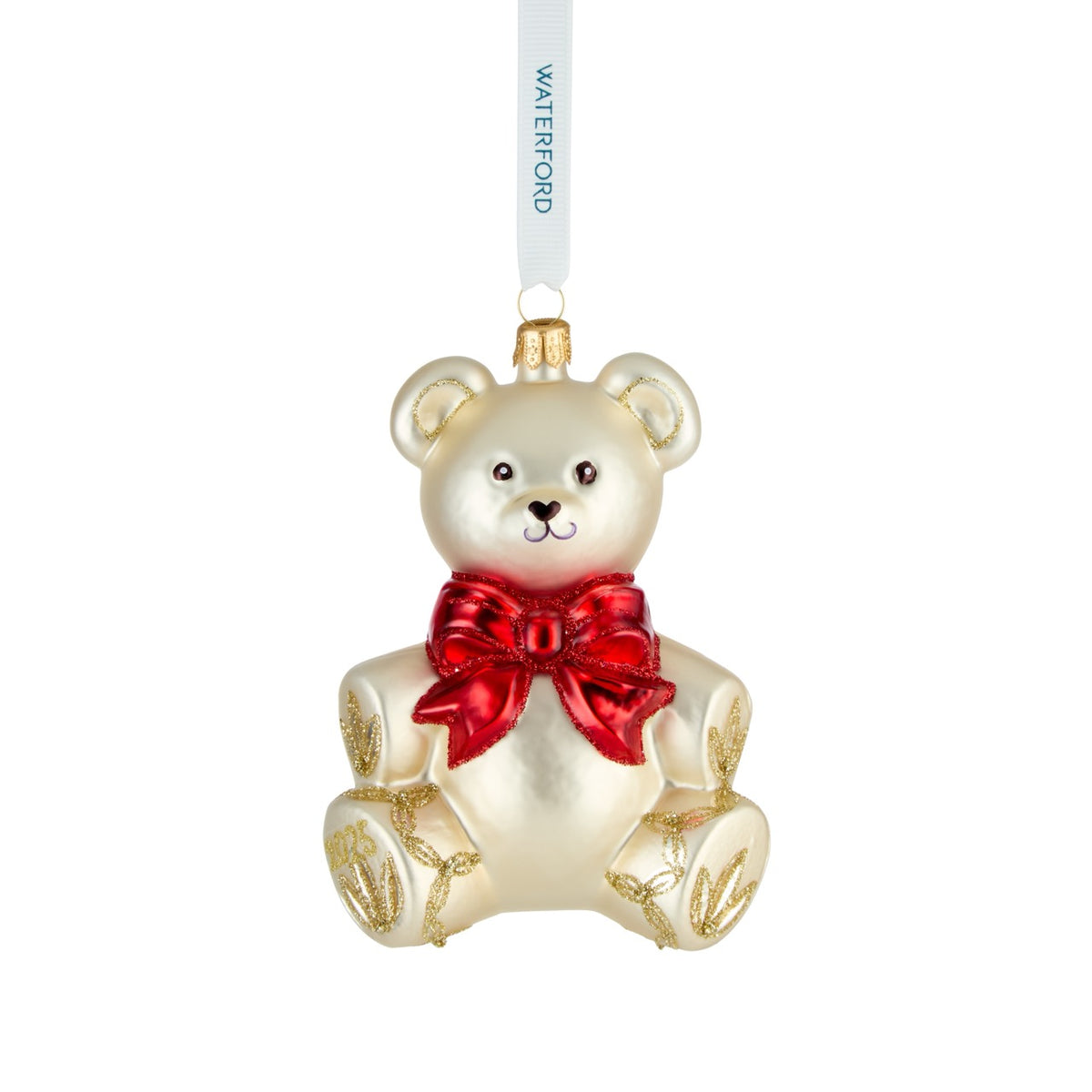 Front view of Holiday Heirlooms First Teddy 2025 Ornament showcasing a hand-painted red bow and white branded ribbon on white background