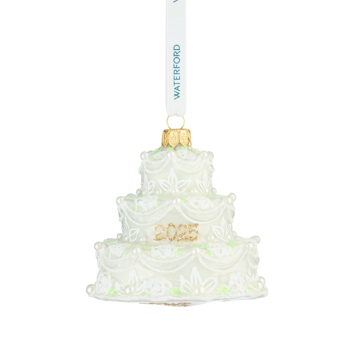 Front view of Holiday Heirlooms Our First Cake 2025 ornament showcasing white tiered cake, pearl accents, and gold details