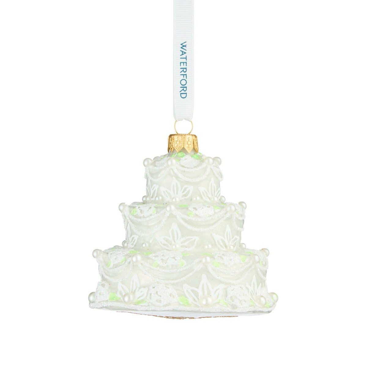 Front view of Holiday Heirlooms Our First Cake 2025 wedding cake ornament with pearl accents and filigree icing