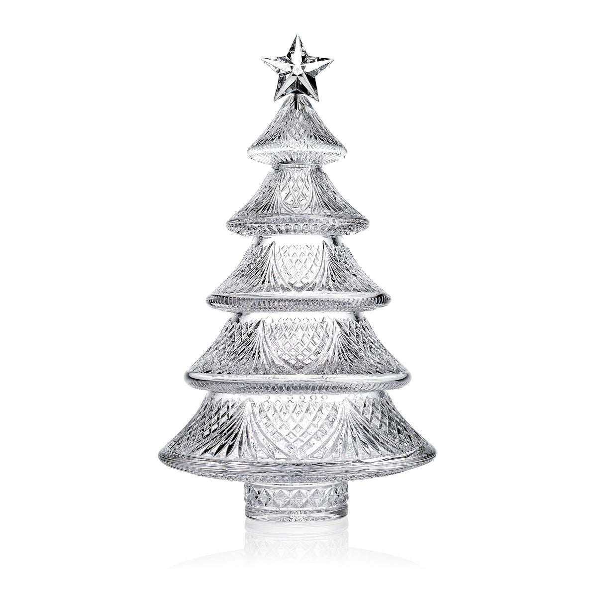Front view of Sculpted Xmas Tree Large showcasing five crystal tiers, caro patterns, and sculpted star on white background