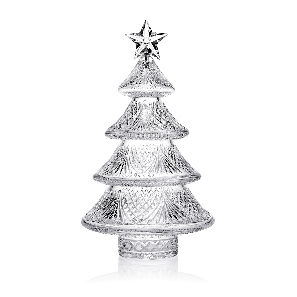 Front view of Sculpted Xmas Tree Medium with four molded tiers, sweeping cuts, caro patterns, and crystal star on white background
