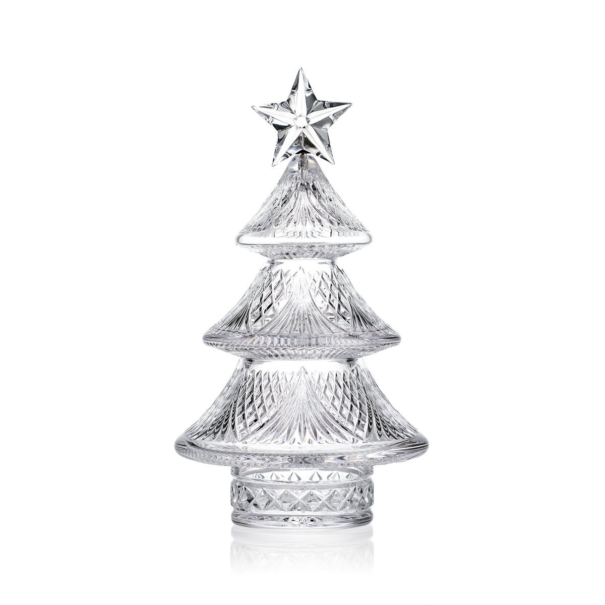 Front view of Sculpted Xmas Tree Small showcasing three molded tiers, intricate cuts, and a crystal star topper on white background