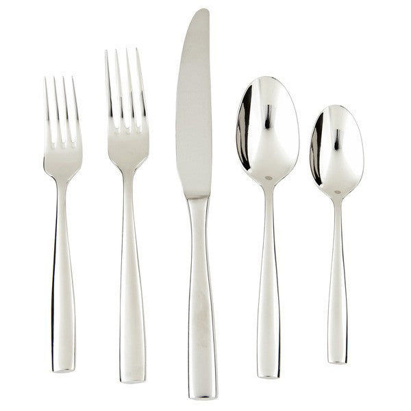 Front view of Lucca Flatware Set showcasing five stainless steel pieces with a white background