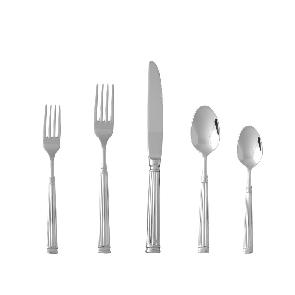 Front view of Doria Flatware Set showcasing five 18/10 stainless steel pieces with fluted handles on white background