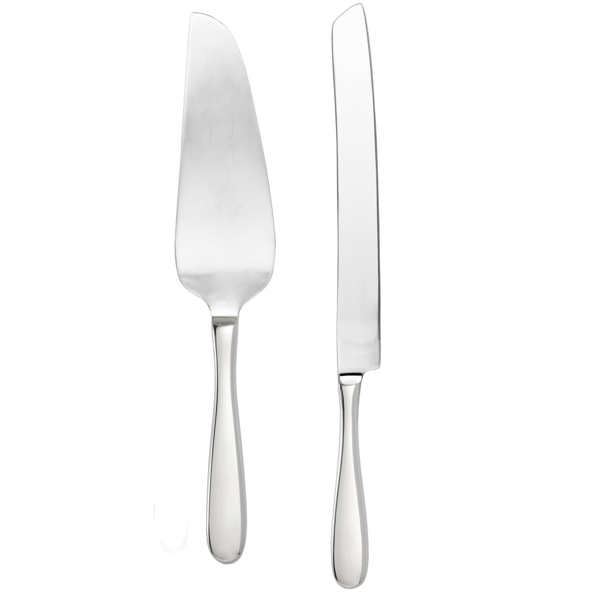 Front view of Grand City Serrated Cake Server and Knife showcasing stainless steel and serrated edges on white background