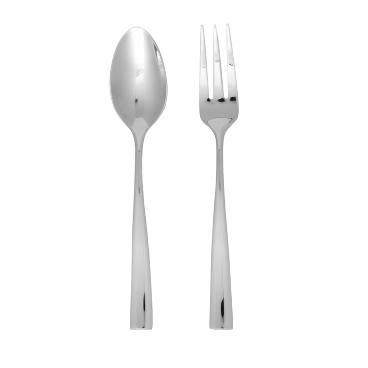 Front view of Lucca 2-Piece Flatware Set showcasing stainless steel, clean lines, and elegant curves with a white background