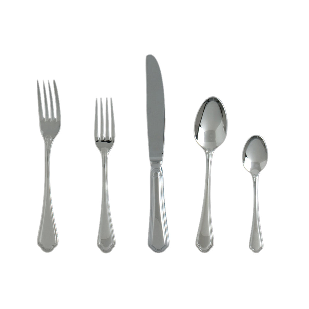 Front view of Medici Flatware Set showcasing five stainless steel utensils with gracefully etched handles on a white background