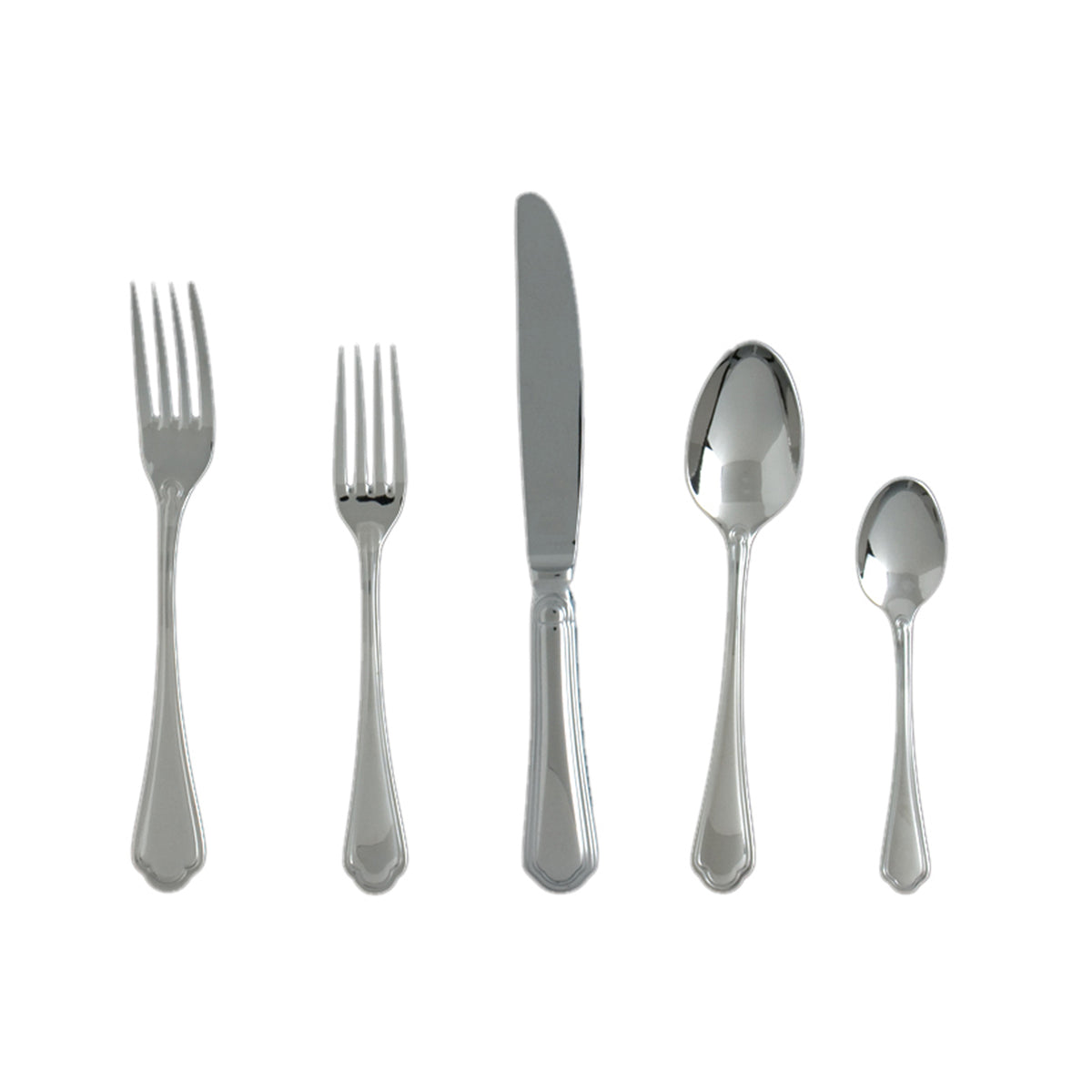 Front view of Medici Flatware Set showcasing five stainless steel utensils with gracefully etched handles on a white background