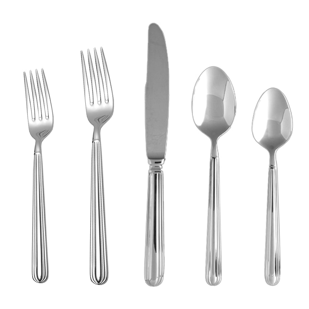 Front view of Metropolitan five-piece stainless steel flatware set showing two forks, a knife, a tablespoon, and a teaspoon on a white background