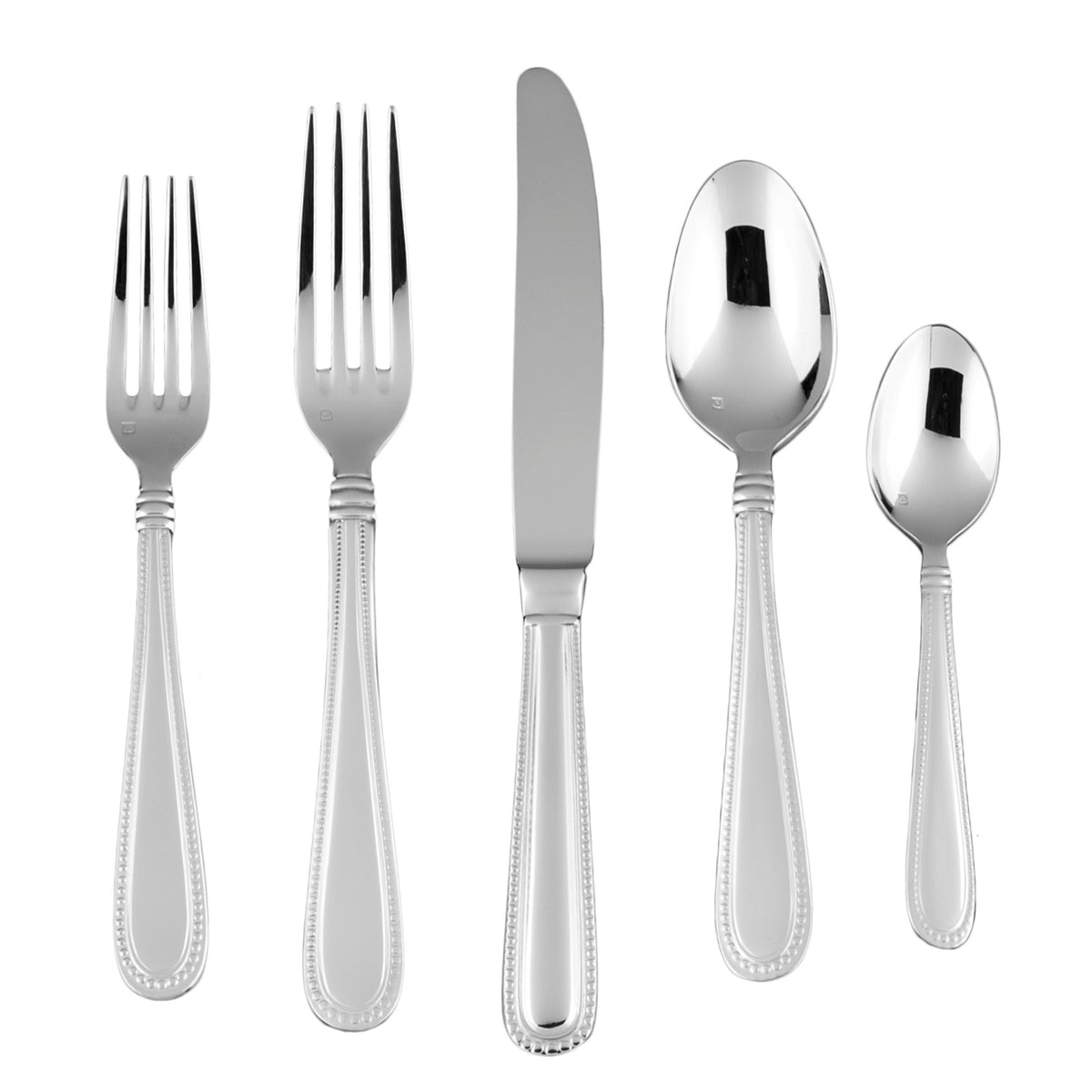 Front view of Caviar Flatware Set showcasing beaded 18/10 stainless steel handles on a white background