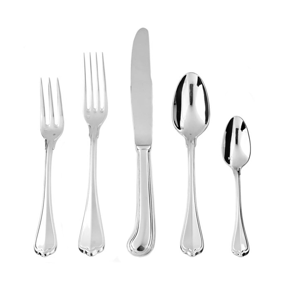 Front view of San Marco Flatware Set showing five mirrored pieces with elegant bands and rounded handles