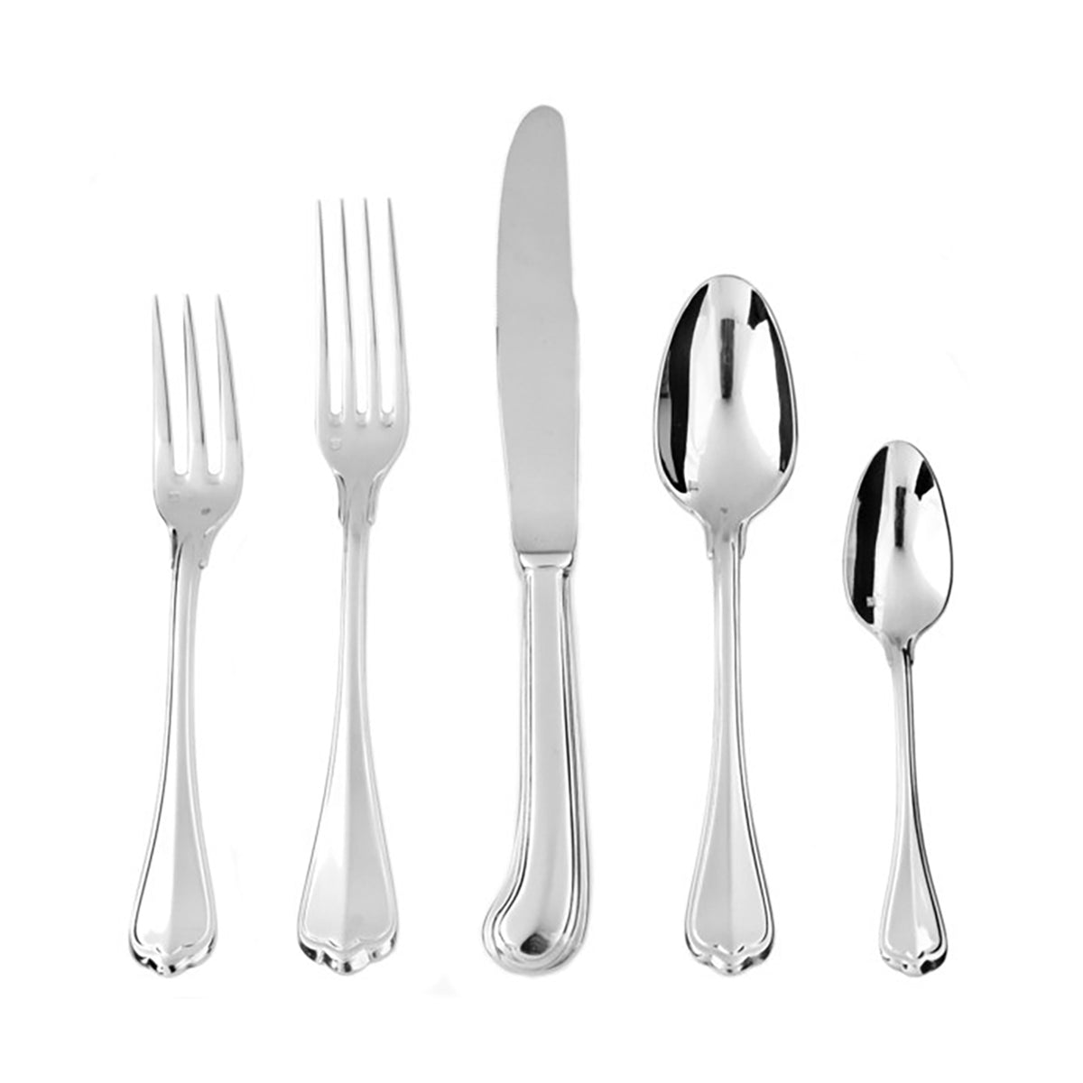 Front view of San Marco Flatware Set showing five mirrored pieces with elegant bands and rounded handles