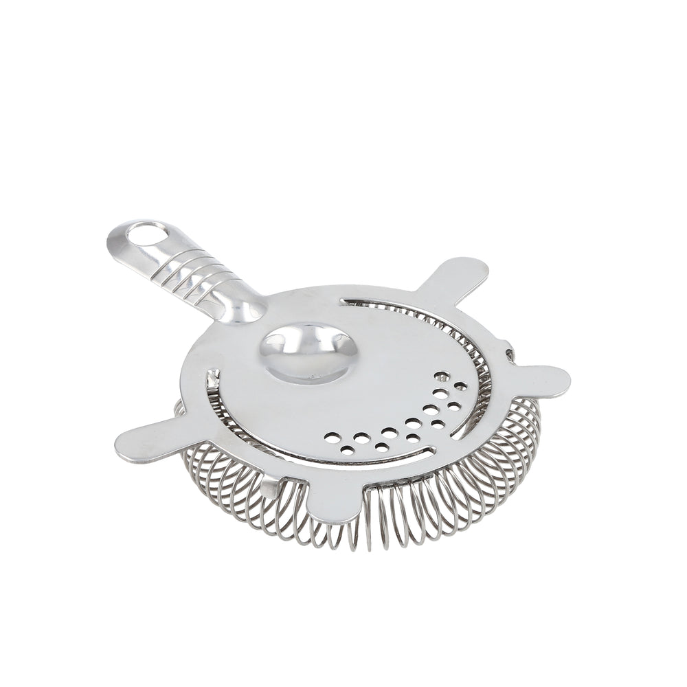 Angled view of Crafthouse by Signature Hawthorne Strainer 5 inch showcasing perforated plate and coiled spring on white background