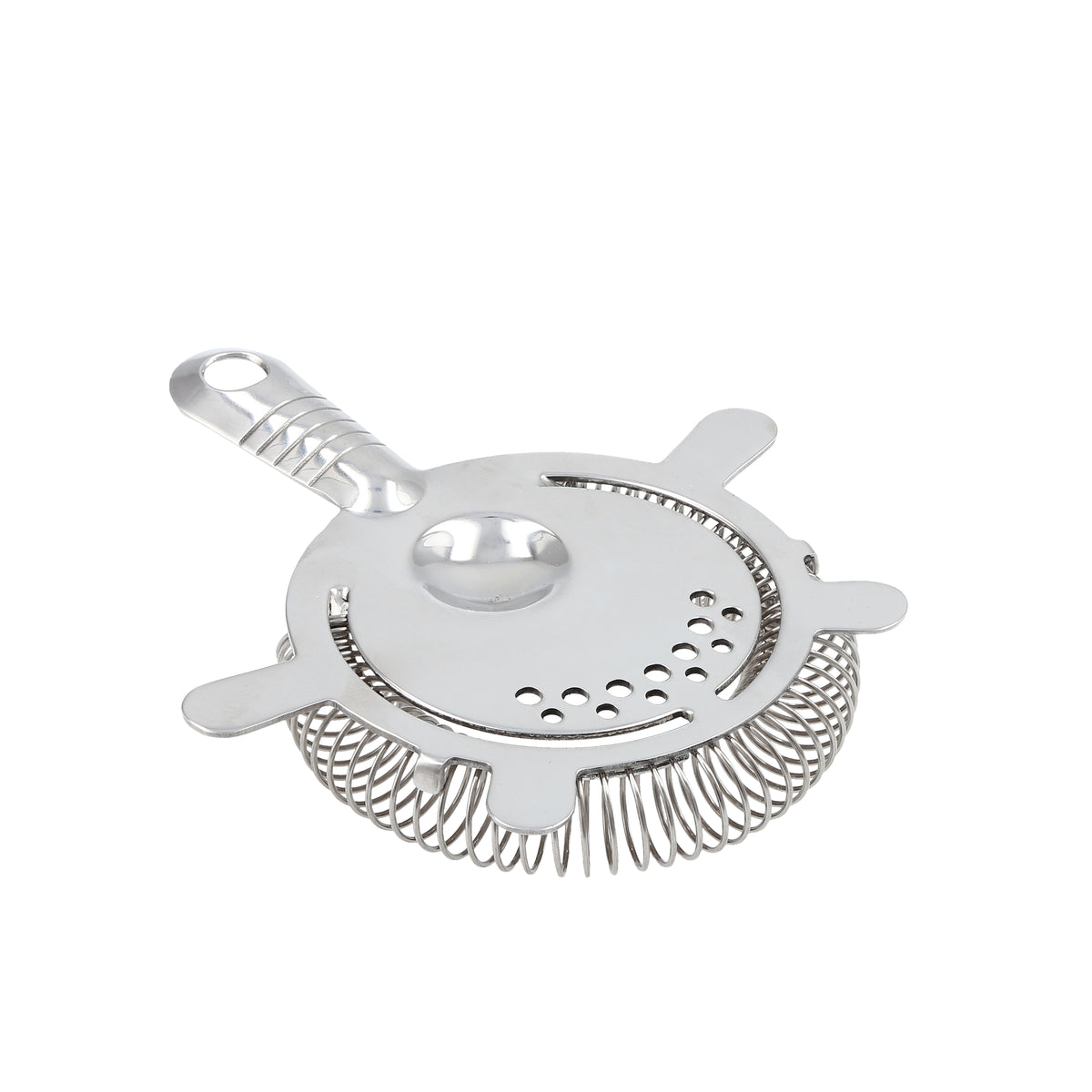 Angled view of Crafthouse by Signature Hawthorne Strainer 5 inch showcasing perforated plate and coiled spring on white background