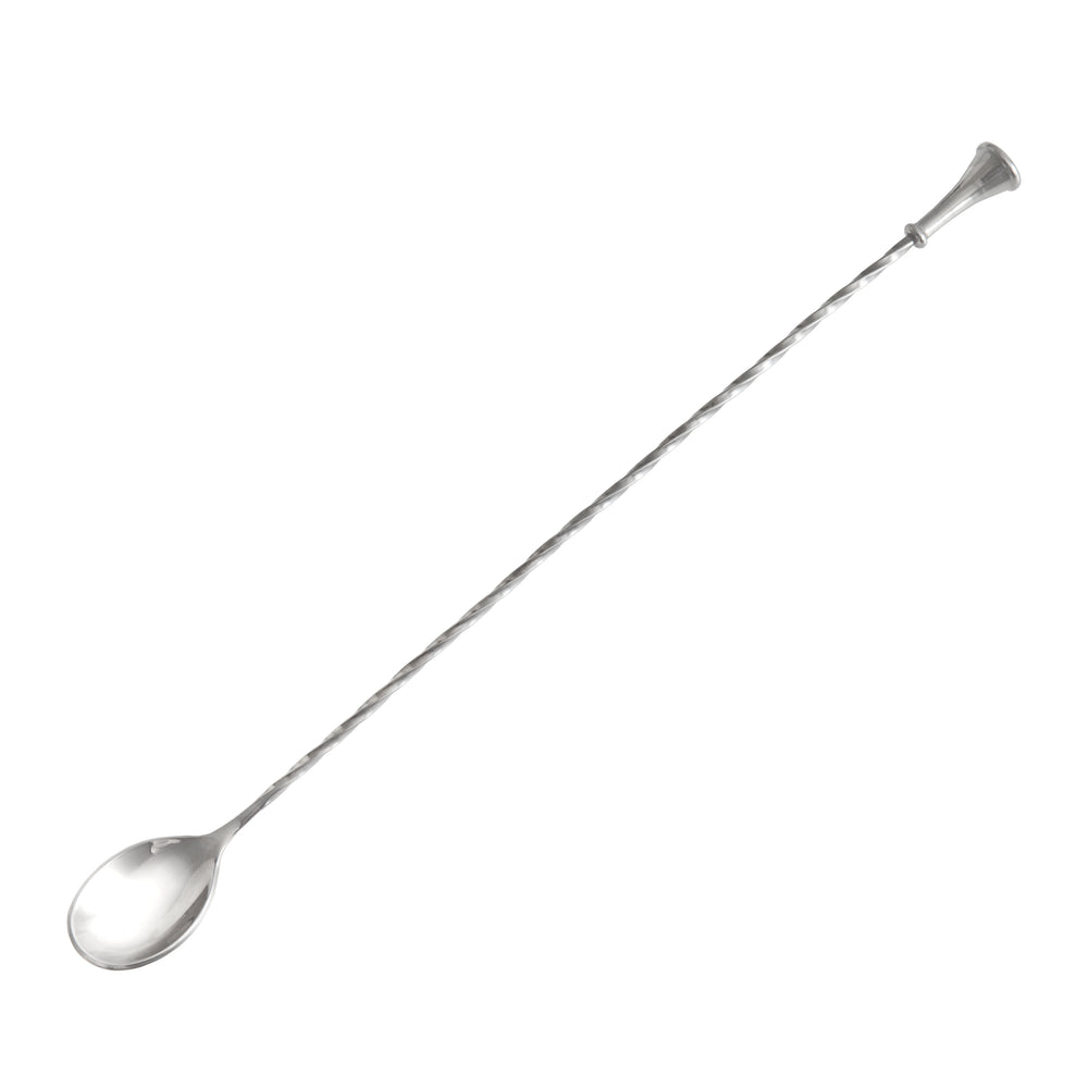 Angled view of Crafthouse by Signature Collection Bar Spoon showcasing 18/10 stainless steel, twisted shaft, and flared handle