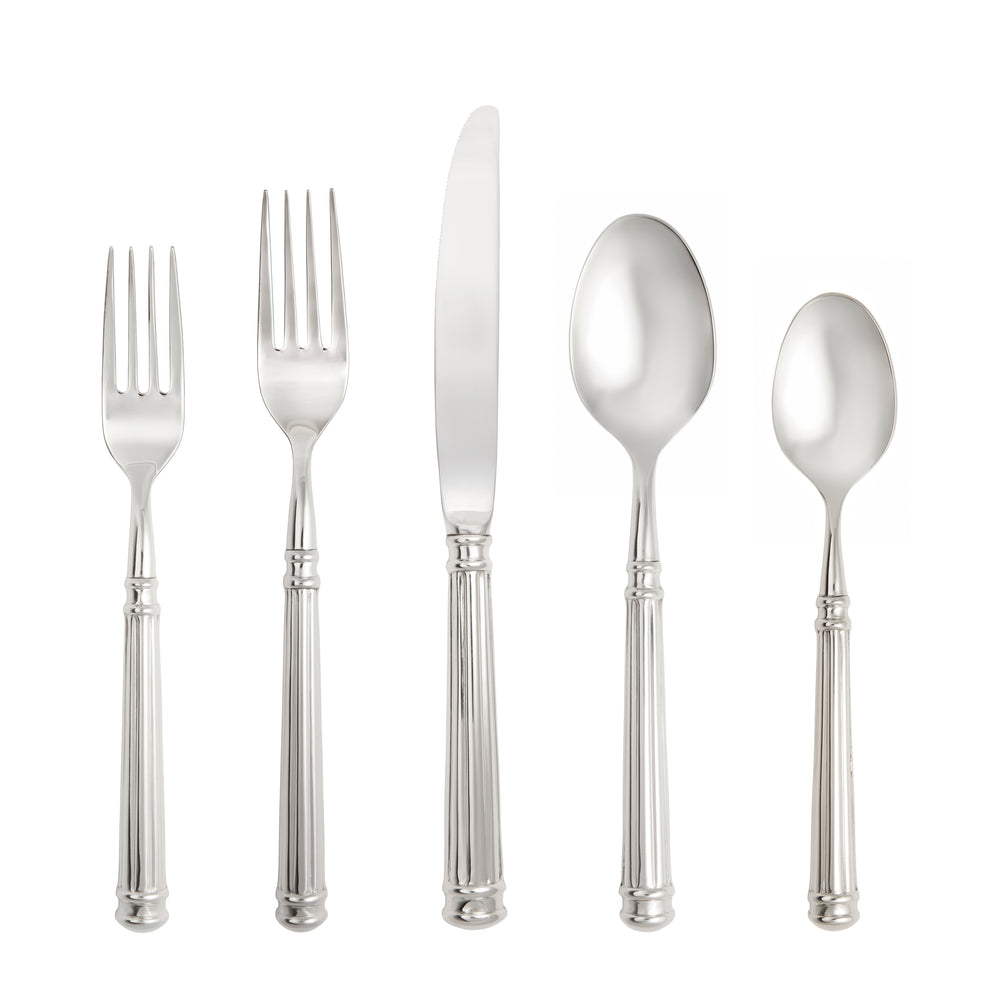 Front view of Nyssa Hollow Handle Flatware Set showcasing five stainless steel pieces with fluted handles on a white background