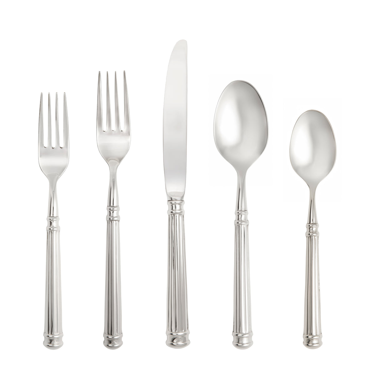 Front view of Nyssa Hollow Handle Flatware Set showcasing five stainless steel pieces with fluted handles on a white background