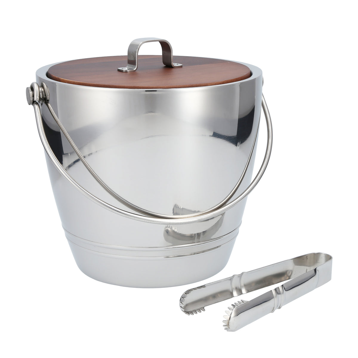Front view of Crafthouse Round Ice Bucket with Tongs Set, Glass showcasing stainless steel, wood lid, and tongs on white background
