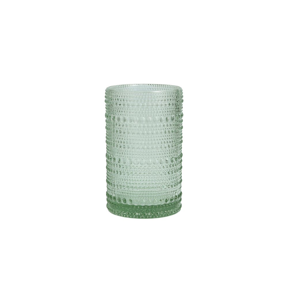 Front view of the Jupiter Iced Beverage Glass, set of 6, showcasing delicate beaded detailing with a sage green finish