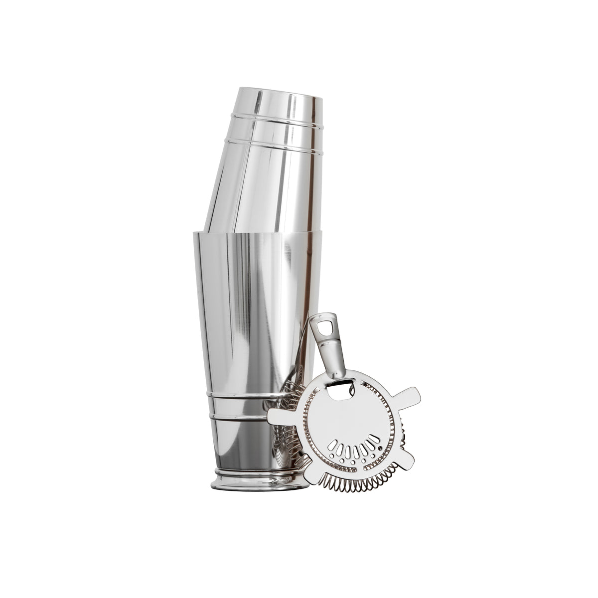 Front view of Crafthouse Boston shaker and Hawthorne strainer set showcasing polished stainless steel finish on white background