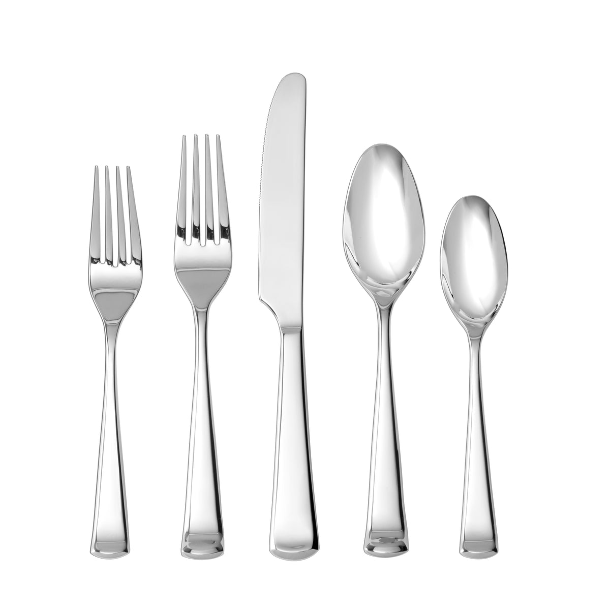 Front view of Honor Flatware Set showcasing five 18/10 stainless steel utensils on a white background