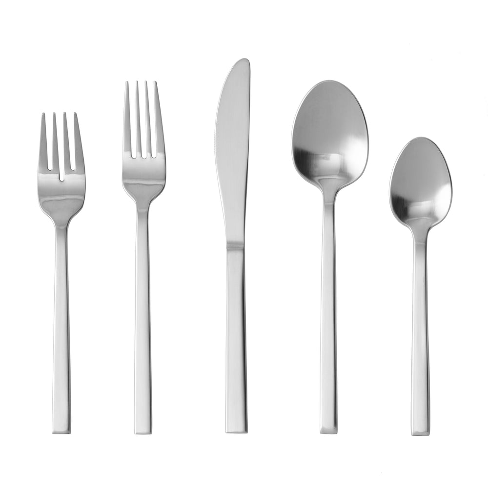 Front view of Arezzo 5-Piece Flatware Serving Set showcasing five 18/10 stainless steel utensils on a white background